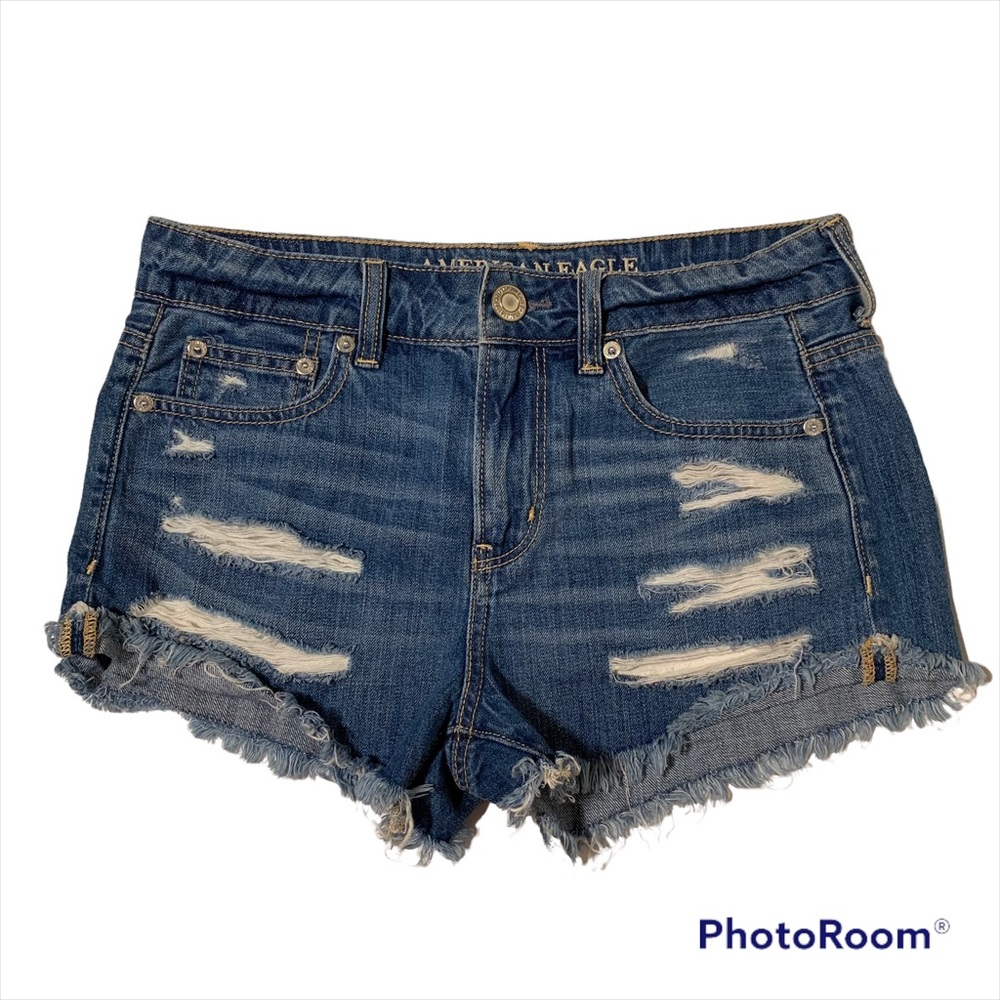 American Eagle Tomgirl Shortie Jean Shorts Mid Rise Distressed Raw Hem Size 2